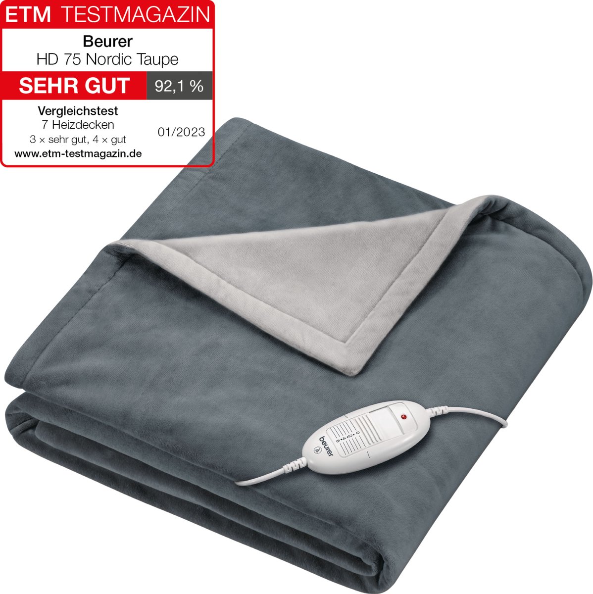 Couverture Chauffante Beurer HD 65 - 180x130 Cm, 3 Niveaux De Chaleur, Lavable, Arrêt Auto, Grise, Fabriquée En Europe