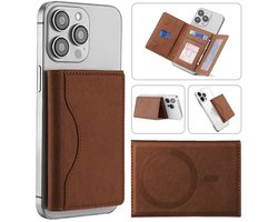 Magnet wallet bruin geschikt voor Apple iPhone 12 / 13 / 14 / 15 / 16 / 17 ( plus / pro / max ) of hoesje met magsafe | Magnetische pasjeshouder / kaarthouder met 5 vakjes voor pasjes | Uitklapbare telefoon standaard / houder voor dames en mannen