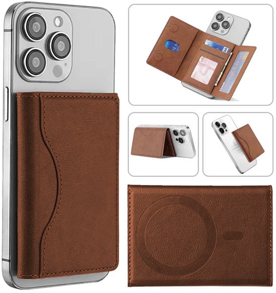 Magnet wallet bruin geschikt voor Apple iPhone 12 / 13 / 14 / 15 / 16 / 17 ( plus / pro / max ) of hoesje met magsafe | Magnetische pasjeshouder / kaarthouder met 5 vakjes voor pasjes | Uitklapbare telefoon standaard / houder voor dames en mannen