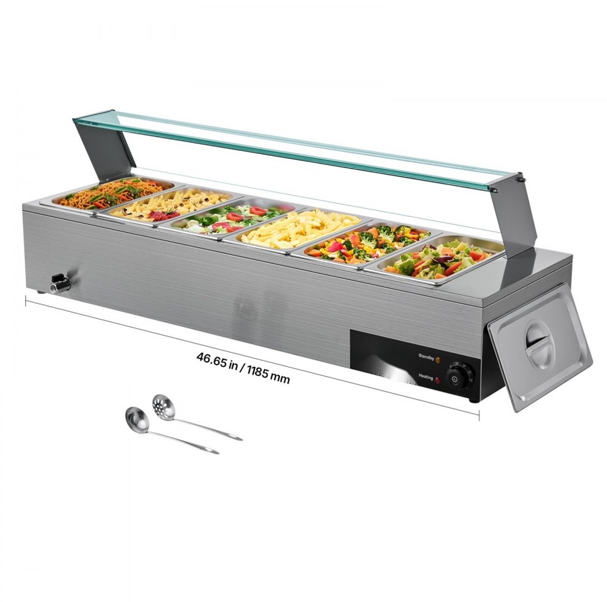 Voedselverwarmer - Elektrische bain-marie/chafing dish - 6x GN 1/3 bakken - 1500 W - RVS - Glazen deksel - Inclusief soeplepel - Voor buffet & catering - Zilver