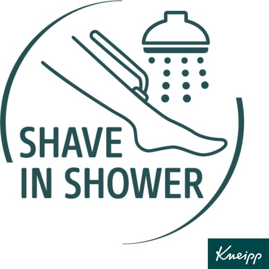 Logo met de tekst "Shave in shower" en de illustratie van een scheermesje dat over een been gaat onder de douche.