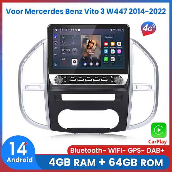 Awesafe Autoradio - Geschikt voor Mercedes Benz Vito 3 W447 2014 t/m 2022 - Draadloos Carplay & Android auto - 10.1 inch Split scherm - RAM 4GB+ ROM 64GB - V1PRO 8 Kern - Ondersteuning voor 4G SIM - GPS Navigatie Bluetooth 4G Wifi
