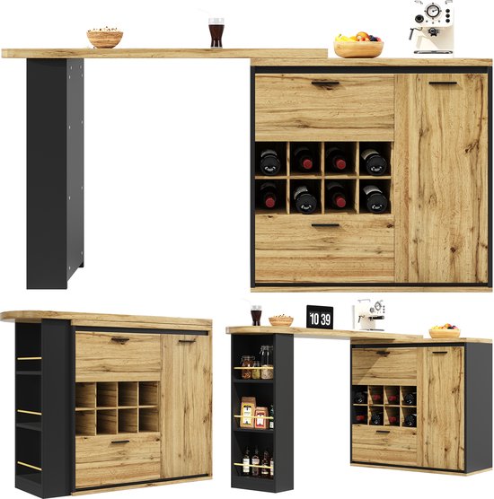 Uitschuifbare eettafel met houten blad en zwarte poot, bijpassend meubel met wijnvakken, lades en kastdeur.