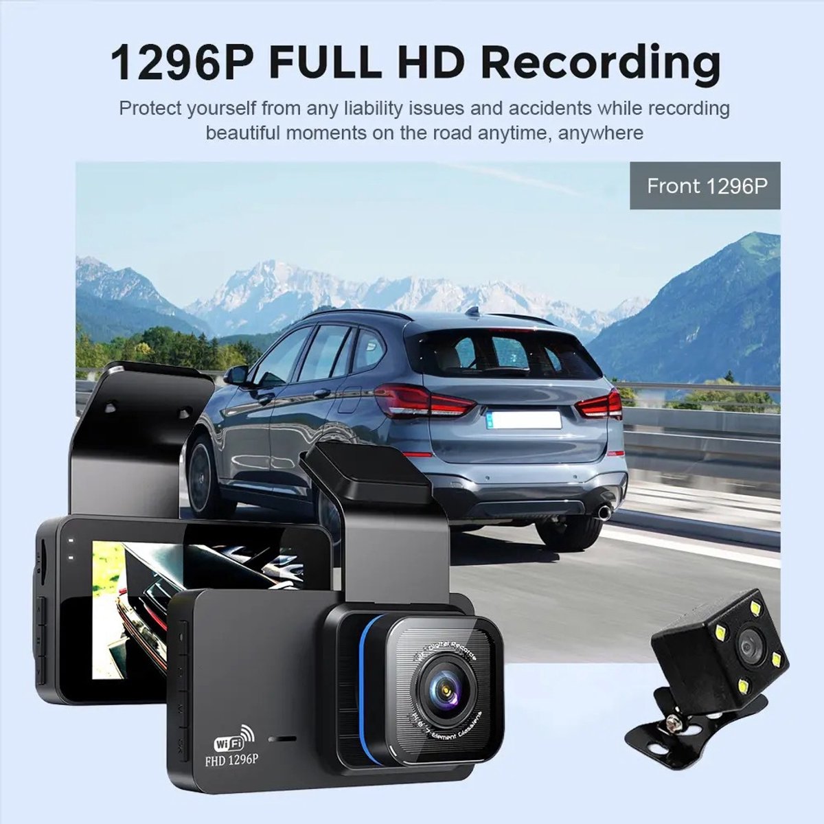 Dashcam Auto 1296P dashcamera, voor full HD dashcamera, auto, met 32G SD-kaart, 3,0 inch IPS-scherm, dual camera met wifi, GPS, 480p achter, loopopname, 140° groothoek, app-bediening, achteruitrijhulp, – foto 5