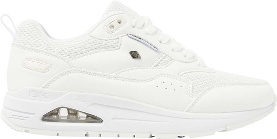 Witte lage sneaker met mesh en leren details, en een doorzichtige luchtzool.