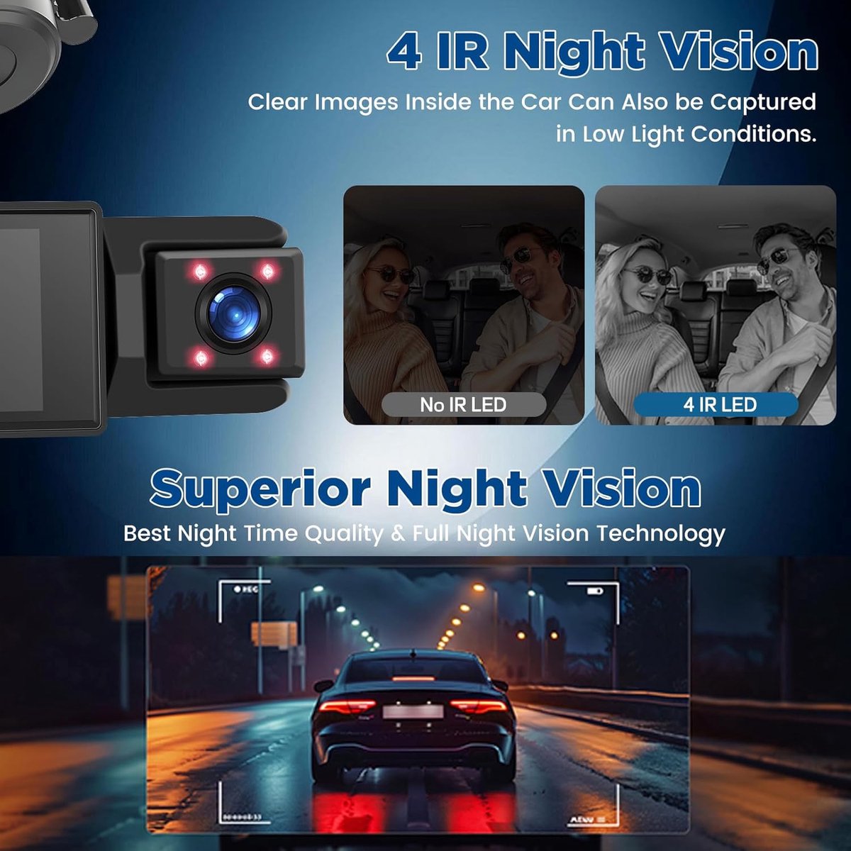 WiFi Dashcam voor Auto – 3-kanaals Draadloze Dashcam met App, Voor Binnenin Achter Camera, Full HD 1080P, 2” IPS-scherm, Nachtzicht, Bewegingsdetectie, Loopopname, 64GB-kaart Inbegrepen – foto 3