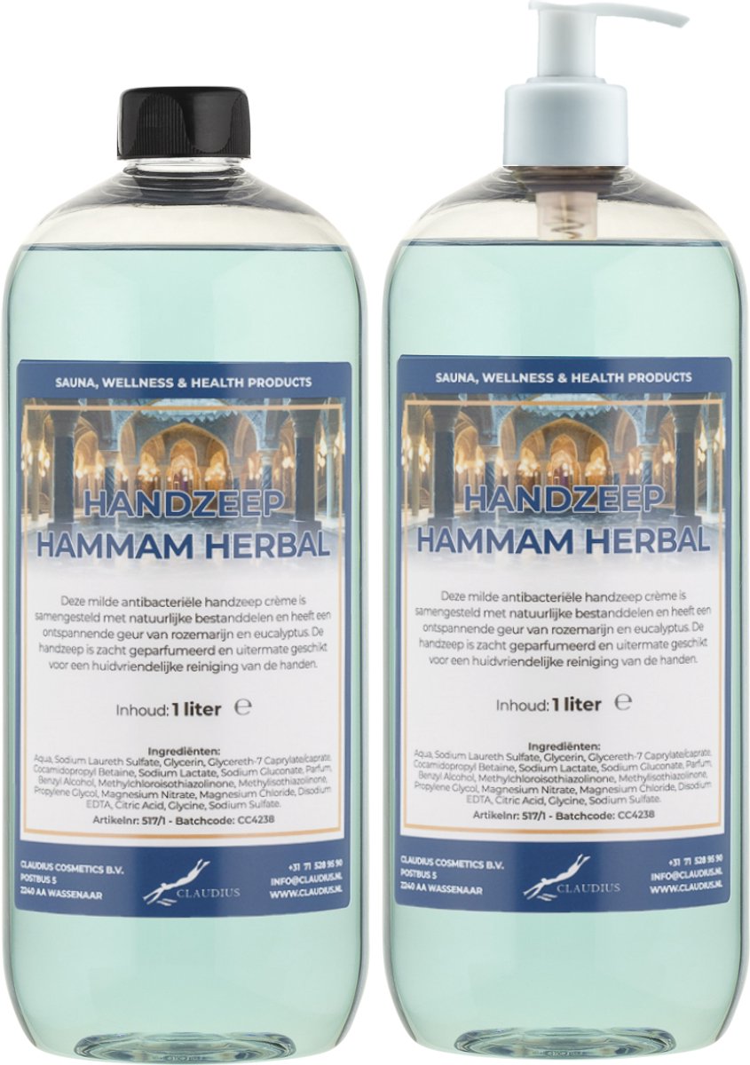 Handzeep Hammam Herbal 1 liter - set van 2 stuks - met gratis pomp - Voordeelverpakking