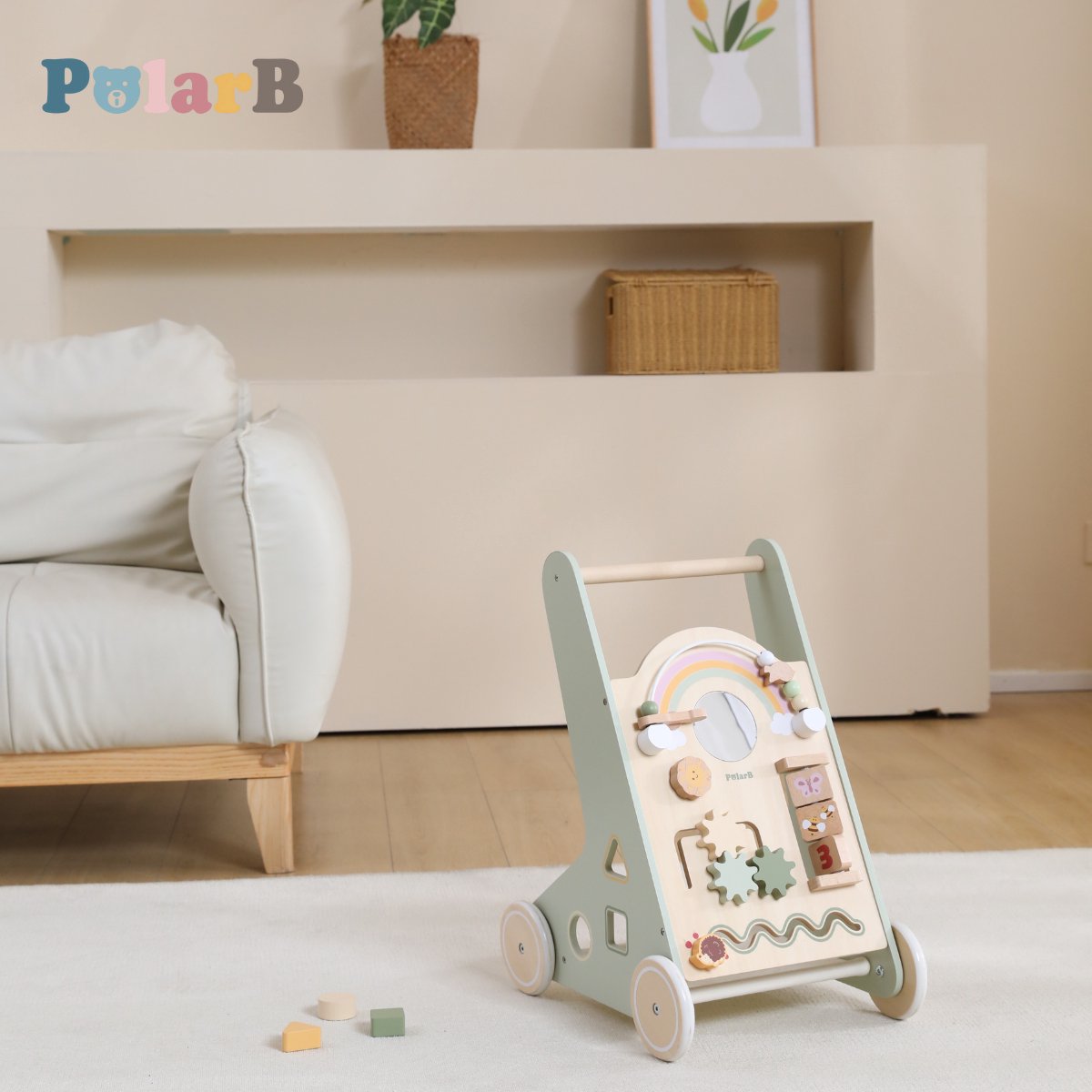 PolarB Houten Loopwagen Groen – Baby Walker met speelfunctie (12+ mnd) – Looptrainer met Opbergruimte - Snel leren lopen - Anti slipbanden – foto 3