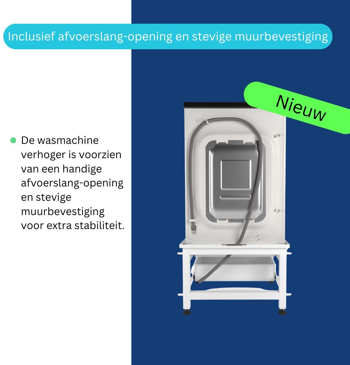 Wasophoogte® Wasmachine verhoger met lade en plateau - Wasmachine opbouwmeubel - Wasmachine sokkel - 42cm hoog - Wit - Universeel - 65*60,5 (LxB) - Inclusief wandbeugels thumbnail 4