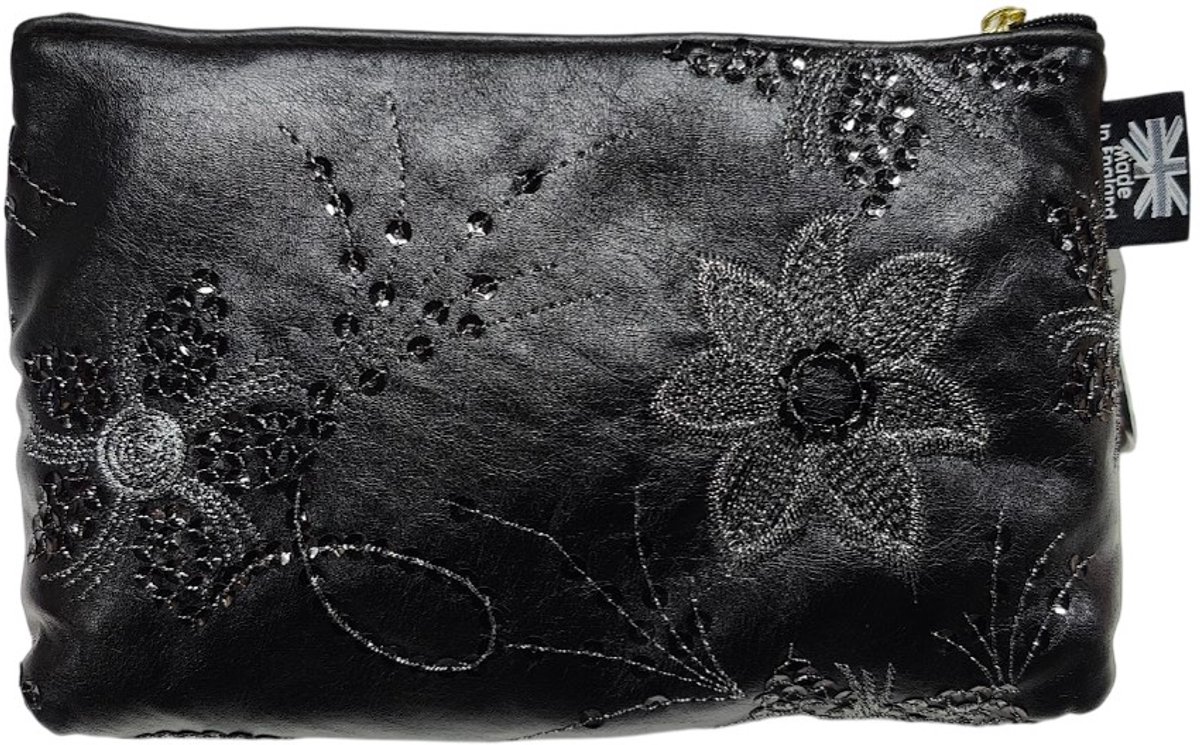 Vagabond - Toilettas - Medium Sack - "Black Diva"- Imitatieleder met Prachtige Embroidery - afmeting 26 x 8 x 16 cm.