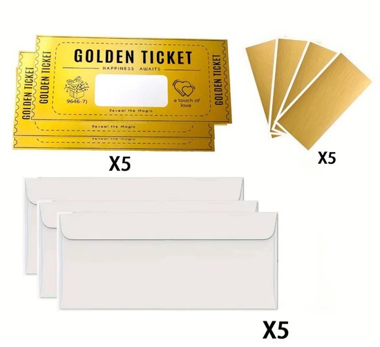 Actie4you® - Golden Ticket – Kraskaart Pakket – 5 Kaarten + 5 Gouden Enveloppen + Stickers – Zelf Invullen – Cadeau Bon - Cadeaubonnen – Giftcard