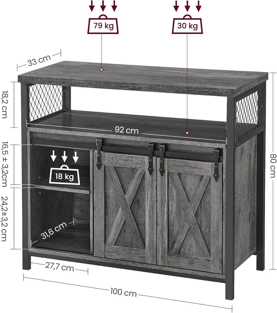 Opbergkast met Schuifdeuren Antracietgrijs - HomeByNicole Landelijke Dressoir Kast met Verstelbare Planken, Houten Keukenkast, Sideboard 100x33x80 cm – Industrieel Design, Stabiel & Veel Opbergruimte