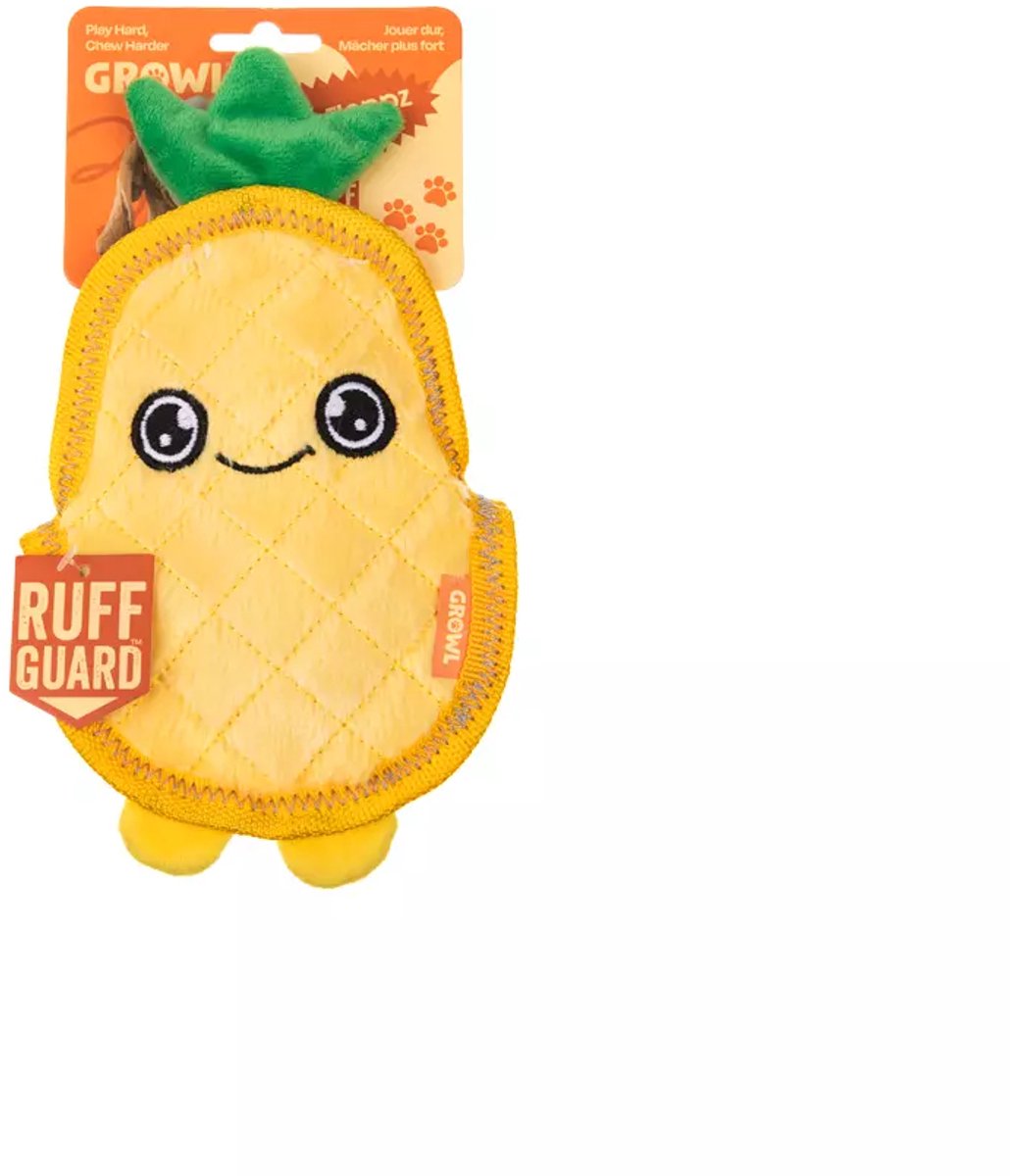 Growl Flip Floppz Hondenspeeltje met 3 Piepers - Pluche Hondenspeelgoed - Kauwspeelgoed en Trektouw voor Alle Honden - Penny de Ananas