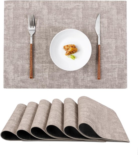 Ensemble de 6 nappes et Set de table lavables en PVC (43 x 30 cm), double face et résistants à la chaleur, en similicuir, pour la Cuisine et la salle à manger. Antidérapants et imperméables. Grijs.