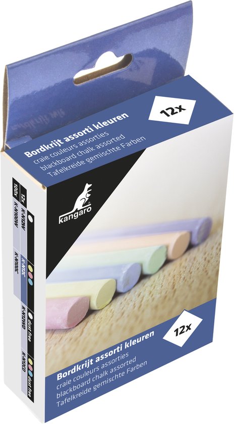 Verpakking met 12 krijtjes: roze, geel, blauw, groen, oranje, paars. Met kangaro logo.