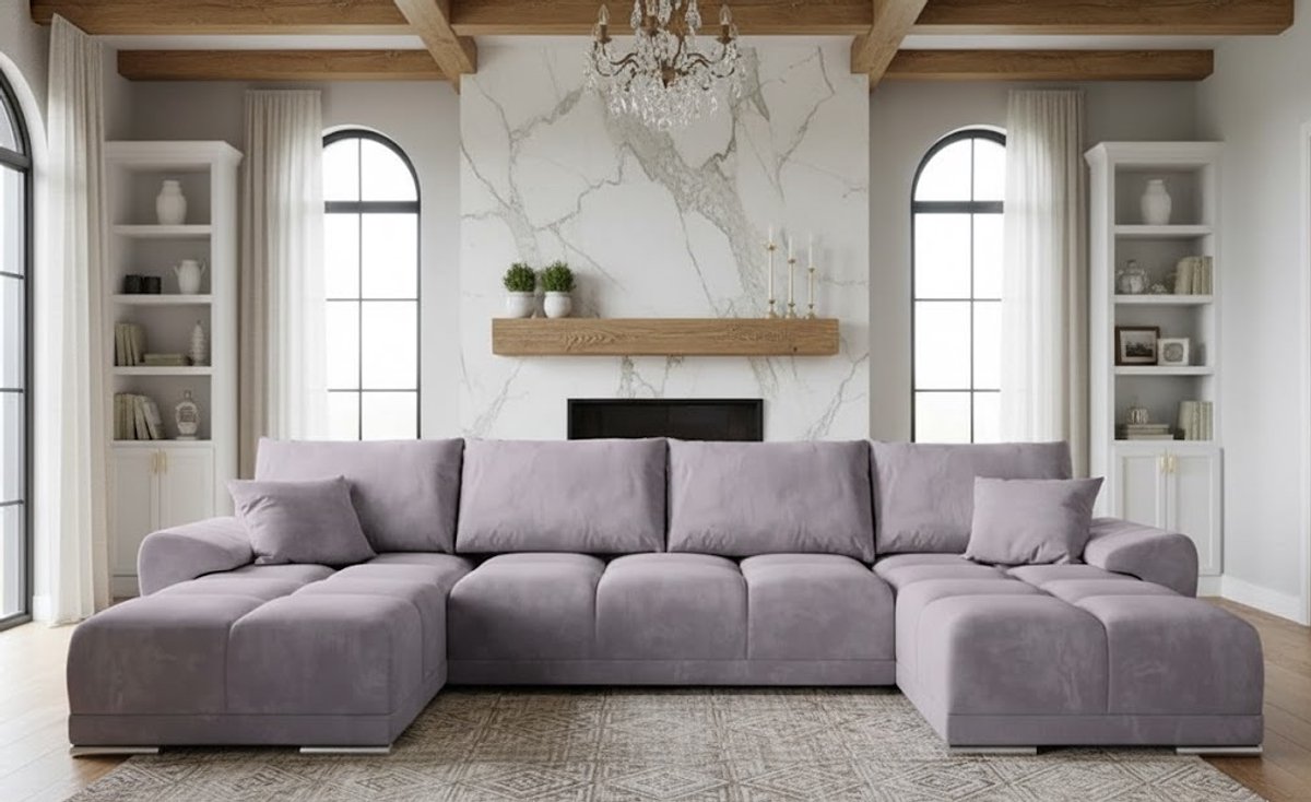 U-vorm Hoekbank met Slaapfunctie en Opbergruimte 365x189 cm – Luxe Fluwelen Slaapbank met Kussens & Uittrekbare Bedfunctie – Comfortabele Hoekbank in Paars – Moderne Grote Hoekbank voor Woonkamer – Ganeey