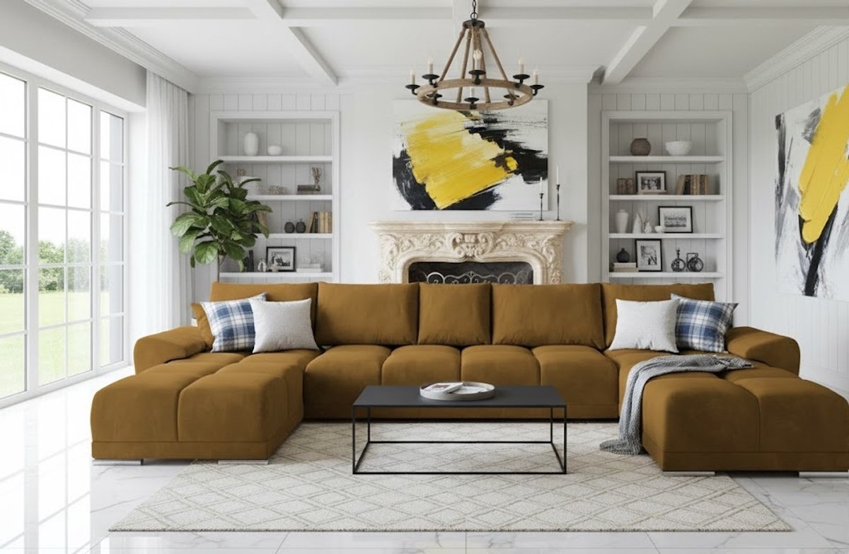 U-vorm Hoekbank met Slaapfunctie en Opbergruimte 365x189 cm – Luxe Fluwelen Slaapbank met Kussens & Uittrekbare Bedfunctie – Comfortabele Hoekbank in Mosterdgeel Design – Moderne Grote Hoekbank voor Woonkamer – Ganeey