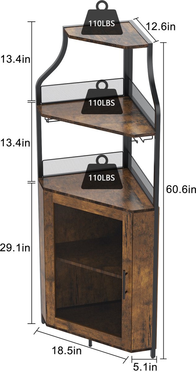 Brisakys - Hoekbarkast - Wijnkast - Industrieel - Metaal - Gaasdeuren - Verstelbare Plank - Anti-Kantelset - 45x45x150cm - Rustiek Bruin – foto 2