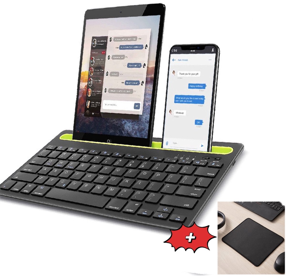 OnmiMartBluetooth iPad Toetsenbord-Draadloos toetsenbord - Dubbele Bluetooth -Meerdere compatibiliteit MAC/IOS/Android/Windows- ondersteunt twee apparaten - snel schakelen - lange batterijduur van 3 dagen- Aanval- Houder/Standaard -Zwart-Muispad