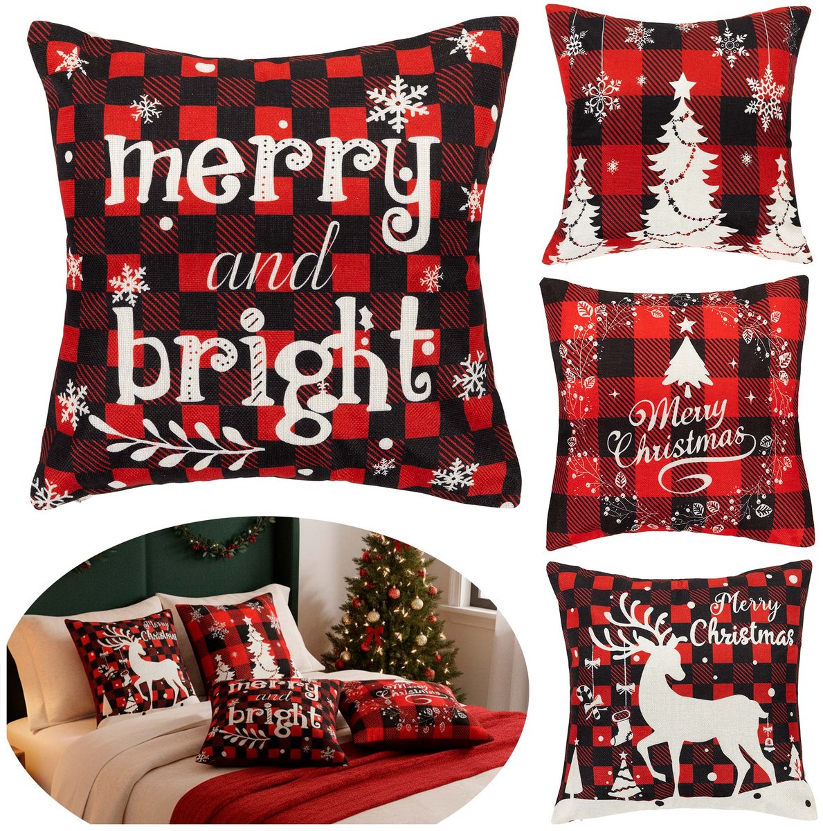 springos Sierkussenhoes | Kussenhoes | Kussensloop | Woonaccessoires | 40 x 40 cm | 4 Stuk | Kerstpatronen Rood