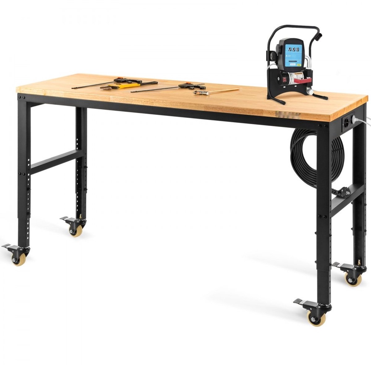 Werkbank - In hoogte verstelbare werktafel - Afmeting 122 x 61 cm - Hoogte 79-104 cm - Draagvermogen 725 kg - Met stopcontacten - Hardhouten blad - Zwenkwielen