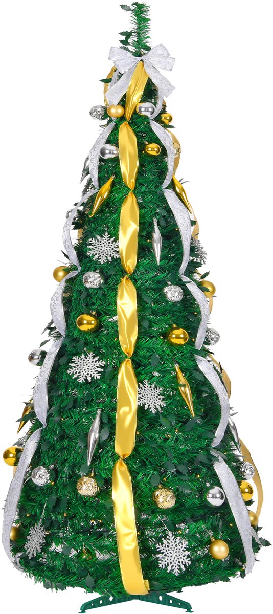 Aufun Kunstkerstboom 150 cm Pop-up kerstboom Dennenboom Kerstdecoratie Boom met LED-licht en lint, strik (goud en zilveren zijden lint)