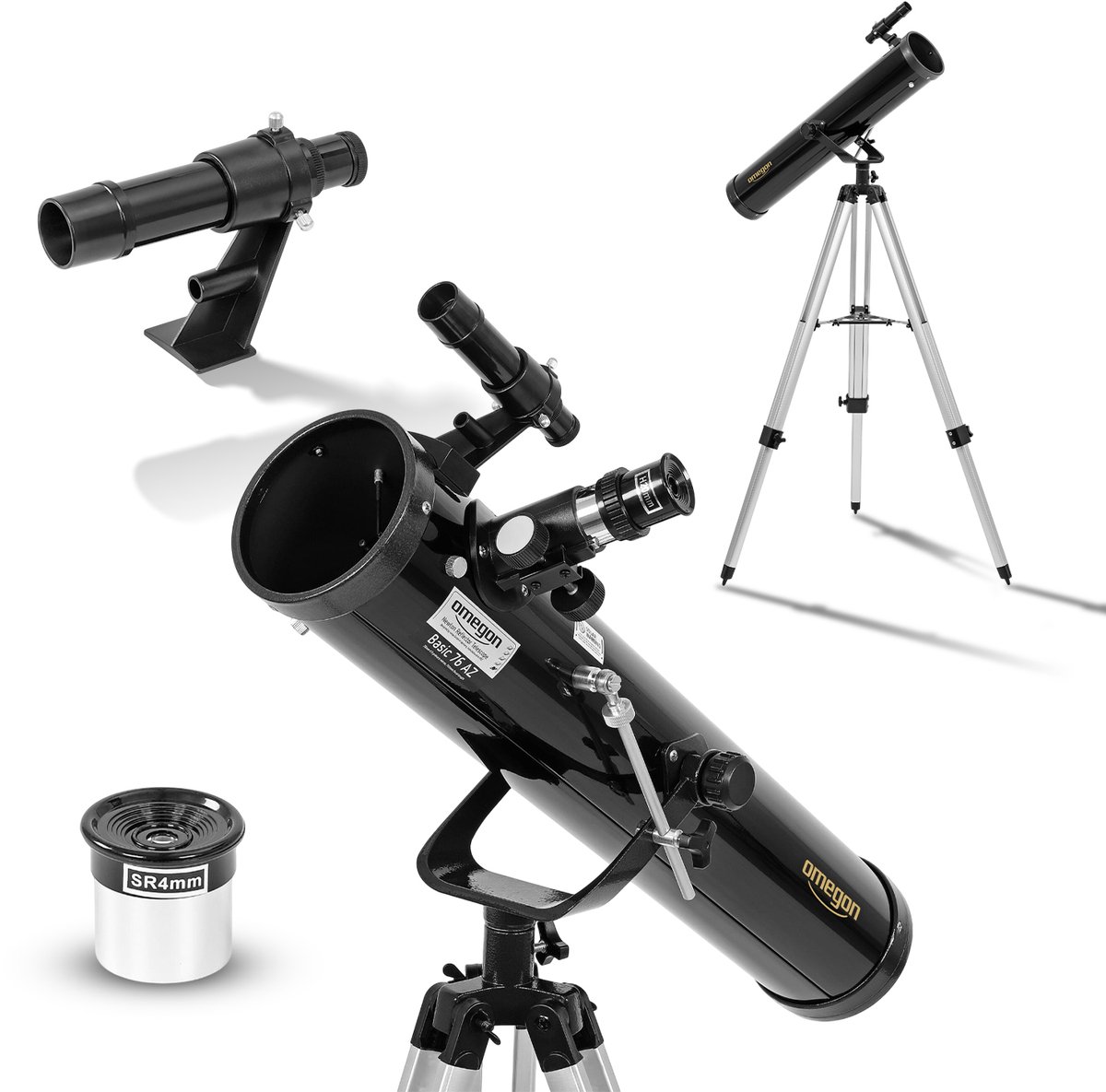 Omegon® Telescoop Voor Beginners 150X Zoom – 76 mm Reflector – Complete Set met Handleiding, 3 Oculairs, 2× Barlow, Omkeerlens, 5×24 Zoeker & In Hoogte Verstelbaar Aluminium Statief – Starterstelescoop voor Maan & Planeten