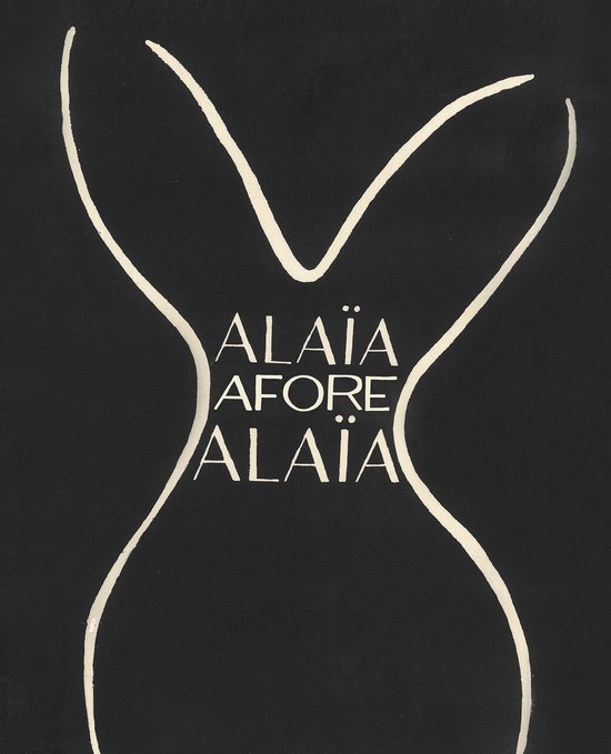 Boekomslag met een witte lijntekening van een zandloperfiguur en de tekst 'ALAÏA AFORE ALAÏA'.