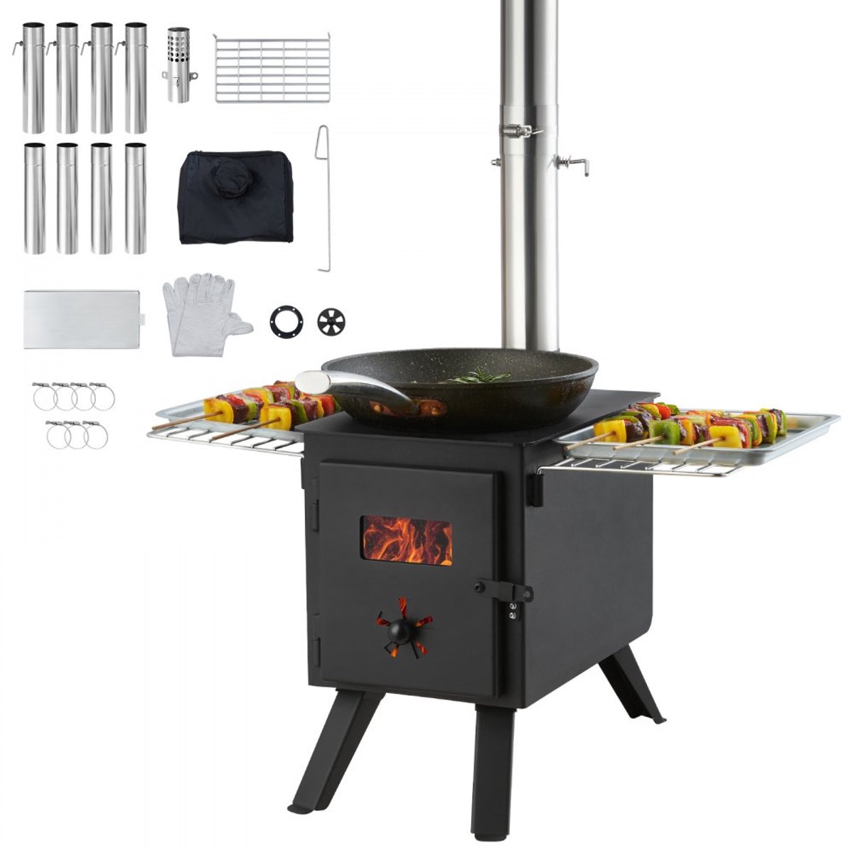 Tentkachel - Houtkachel voor Kamperen (Kampeerkachel) - Afmetingen 394 x 608 x 425 mm - Vuurruimte 365 x 250 x 255 mm - Kookplaat voor Buitenkoken - Buitenverwarming - Draagbaar