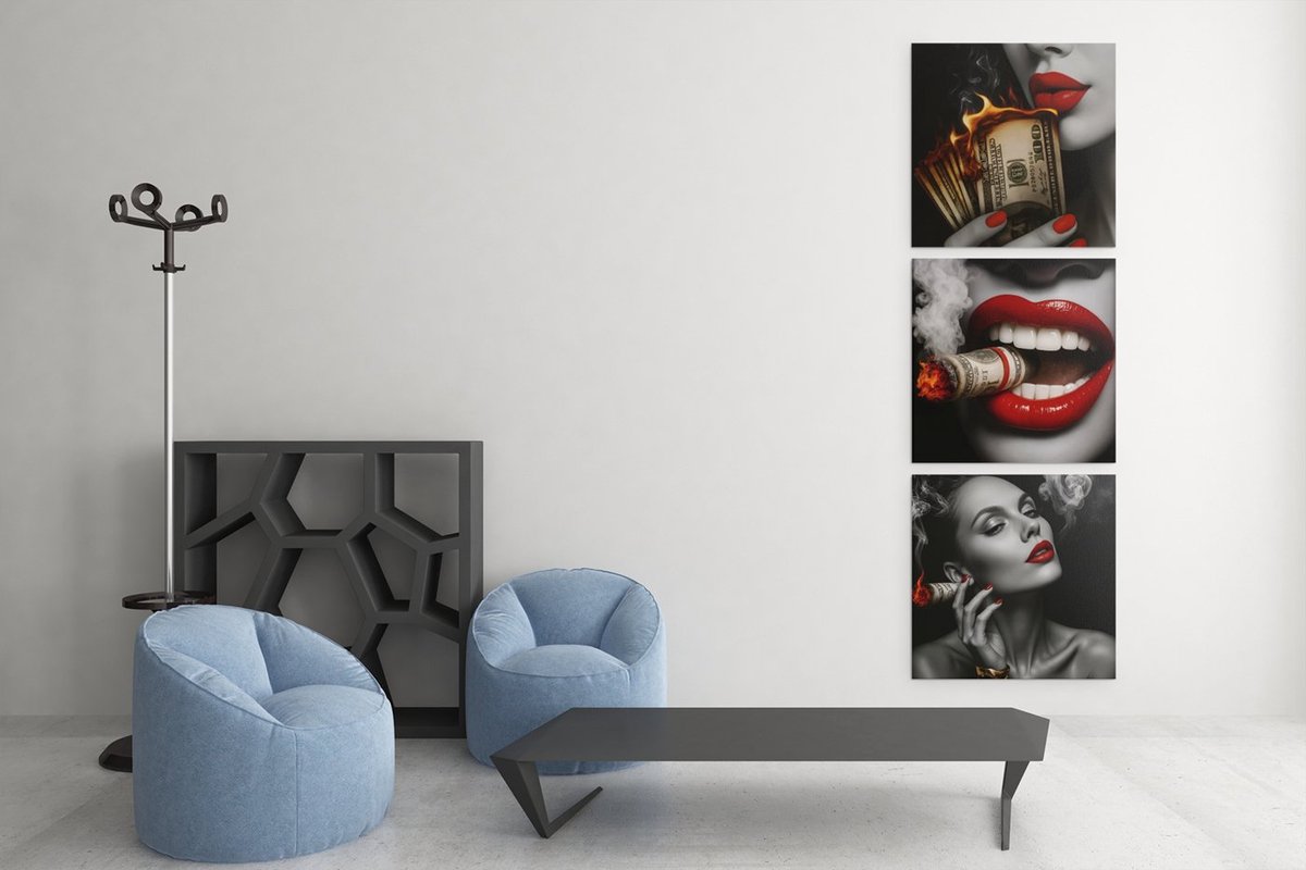 Drieluik Canvas Schilderij Money Art – Rood Lippen Luxe Wanddecoratie - 3x100x100 cm