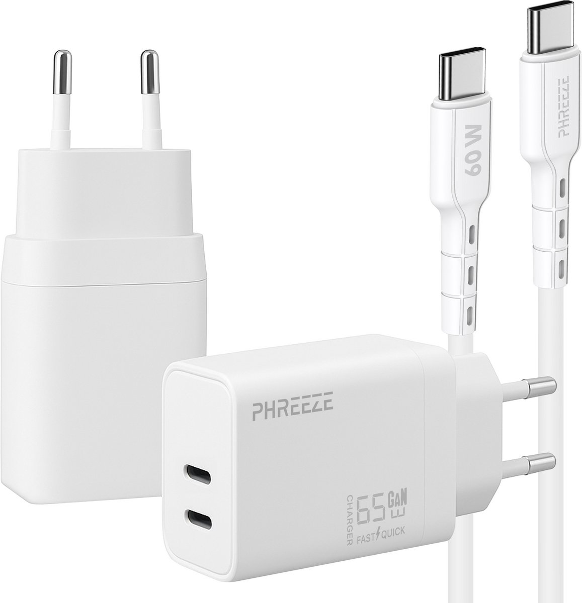Phreeze usb C snellader 65w met usb C naar usb C kabel 1 meter - Power Delivery oplader met 2 usb C poorten - voor laptop, telefoon & tablet