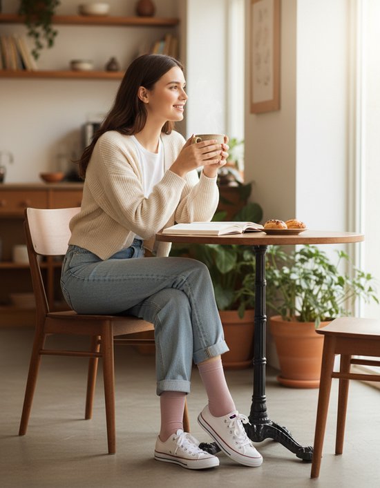Vrouw in beige vest, wit T-shirt en spijkerbroek, drinkt koffie met twee donuts op tafel.