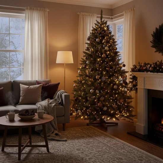 Een sfeervolle woonkamer bij schemering met een versierde kerstboom en open haard.