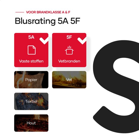 Rode SAVS sprayblusser met "Blusrating 5A 5F". "Vaste stoffen" en "Vetbranden". Iconen tonen papier, textiel, hout en vetbrand.