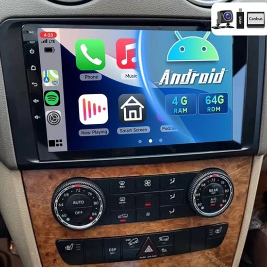Autoradio-4+64G Android 15 autoradio voor Mercedes-Benz ML/GL (2005 - 2011) | 9-inch HD IPS touchscreen | Ingebouwde draadloze CarPlay & Android Auto | Dual-band wifi & Bluetooth 5.0