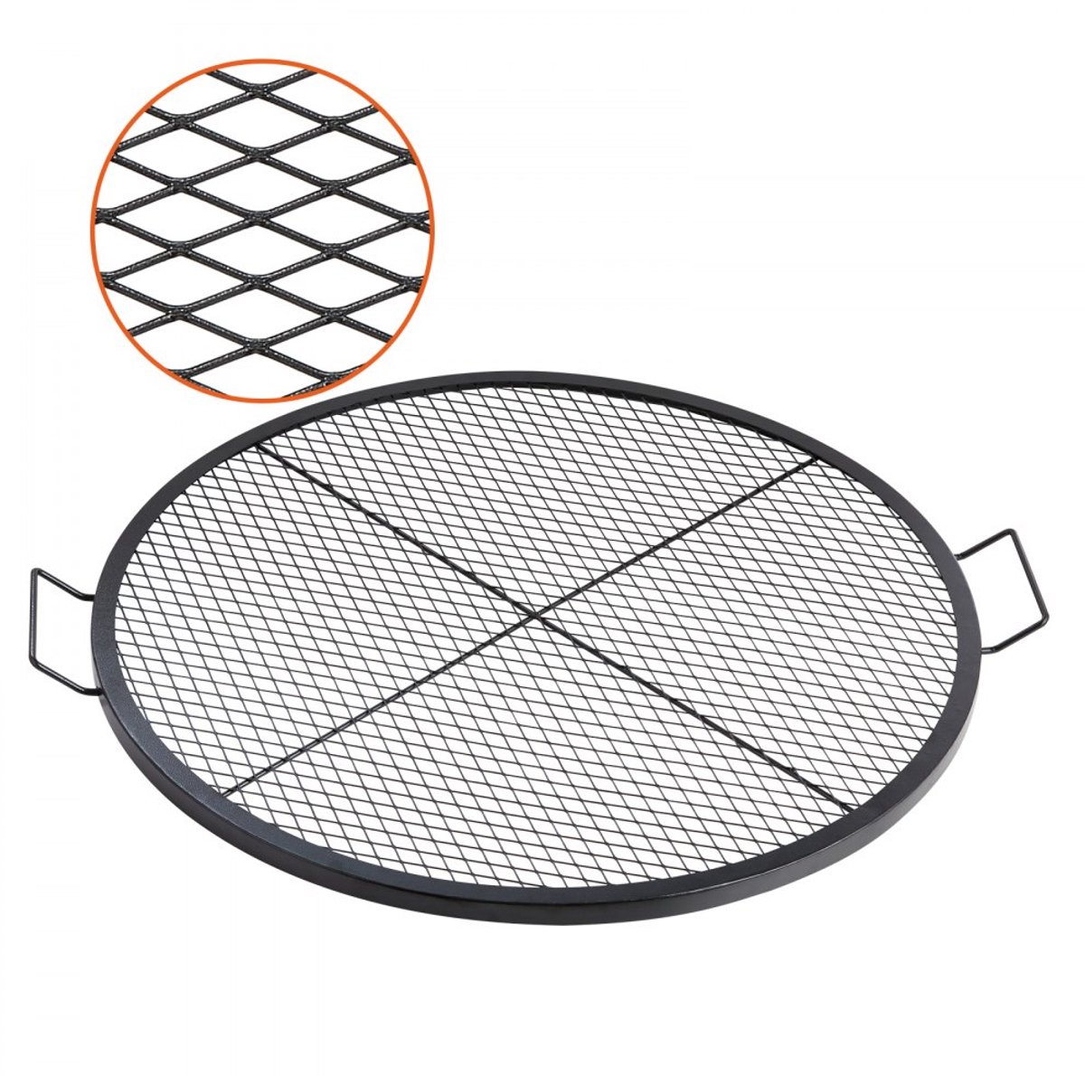 Grillrooster - Rond barbecuerooster voor kampvuur en vuurkorf - Diameter 91 cm - Staal - Met handvat - Versterkte X-structuur - Draagbaar - Zwart