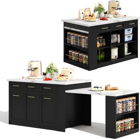 Îlot de cuisine multifonctionnel 150 cm + 96 cm, table à manger extensible noire, plan de travail/table en bois marbré blanc, placards de rangement intégrés, idéal pour les cuisines familiales et les repas partagés.