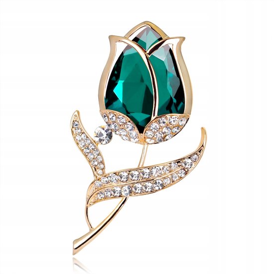 Broche dorée avec une pierre verte, type rubis, en forme de rose, ornée de zirconias.