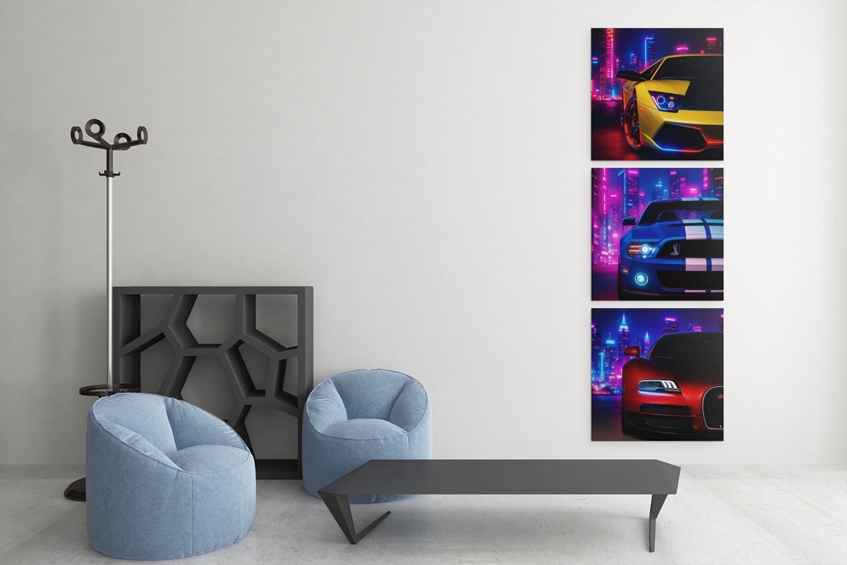 Trendex Global Drieluik Canvas Schilderij Nacht in de Stad – Sportwagens - 3x60x60 cm Kleurrijk