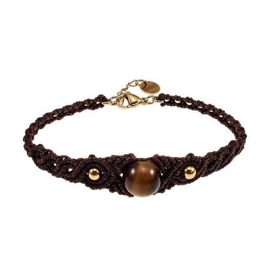 Donkerbruine macramé armband met tijgeroog steen, gouden kraaltjes en esde2 logo.