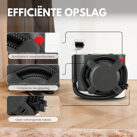 RYER stoomreiniger met efficiënte opslag voor slang en snoer, inclusief automatische oprolfunctie en compact design.