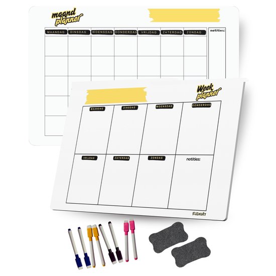 Ensemble de 2 planificateurs mensuels - Magnétique - Réfrigérateur - Tableau de planification - Tableau blanc - Planificateur hebdomadaire - École - Calendrier - Agenda - Marqueurs - Marqueurs - Flexury