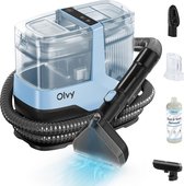 Blauwe en transparante Olvy tapijtreiniger met slang, mondstuk, borstel en flesje vlekkenverwijderaar.