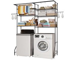 Wasmachine en Droger Opbergrek - Over-wasmachine Rek - 6-Laags - Verstelbare Planken - Kledingstang en Haken - Ruimtebesparend - Zwart