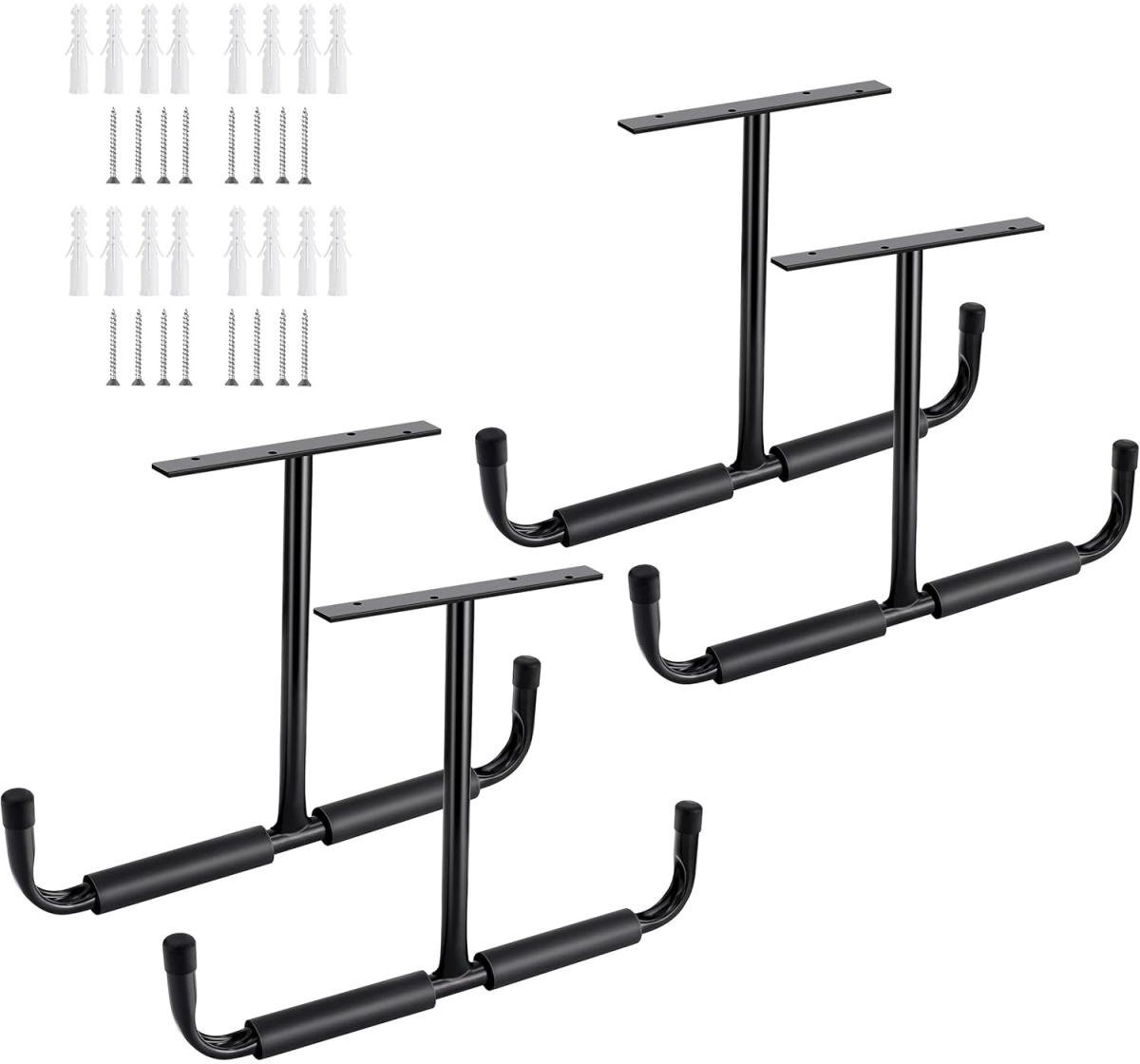 GELLDG Haken - Metalen opberghaken voor aan het plafond van de garage - Wandhaken - Robuuste multifunctionele haken - Geschikt voor ladders, fietsen, hout, gereedschap en andere zware voorwerpen - 4 stuks - Zwart