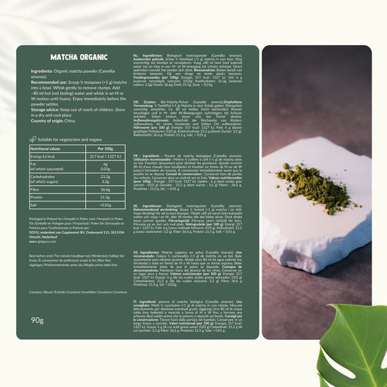 Cupplement Matcha Poeder Biologisch 90 gram - Thee – Detox thee - Energie - Matcha Poeder - Matcha whisk matcha set - 90 dagen voorraad per zakje