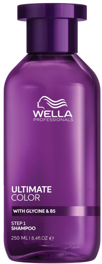 Paarse fles Wella Professionals Ultimate Color shampoo, stap 1.