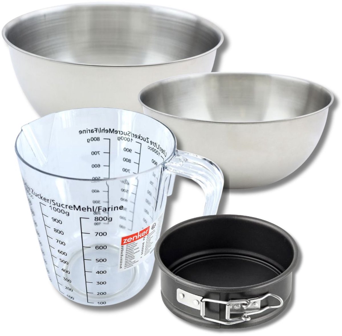 Bakkerset met mini taartvorm 12 cm, 2 mengkommen, maatbeker en spatel Zenker