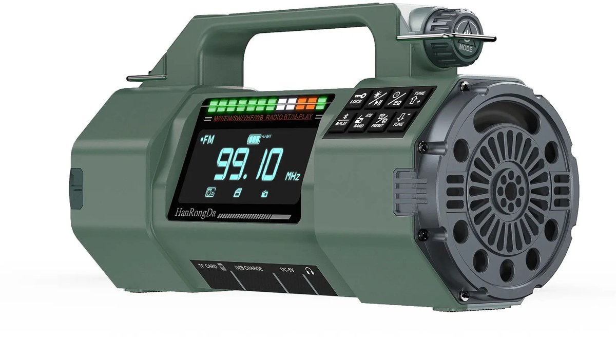 NaevaMi Noodradio - Noodradio Solar Opwindbaar - Noodradio Opwindbaar en Batterij - Multifunctionele Buitenradio FM/MW/SW/VHF/WB - Handmatige Noodgenerator - LED-Zaklamp Noodopladen SOS-alarm - 5000 mAh - Groen