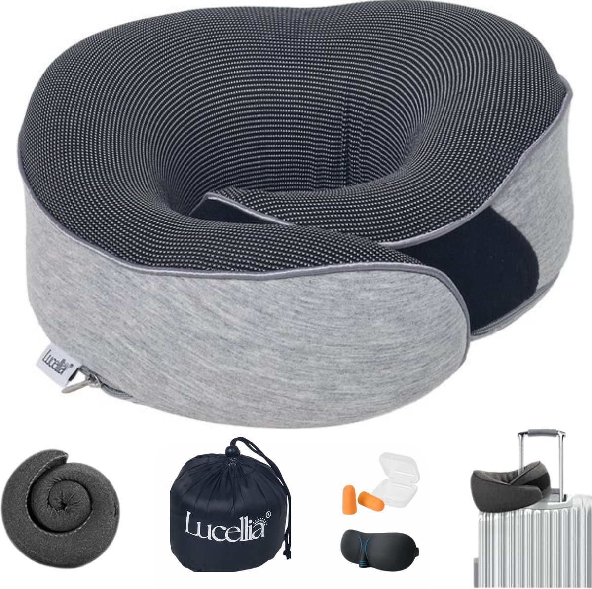 Lucellia® Nekkussen Vliegtuig & Auto - 3-in-1 Reiskussen van Traagschuim (Memory Foam) – Inclusief Slaapmasker & Oordopjes – Licht Grijs